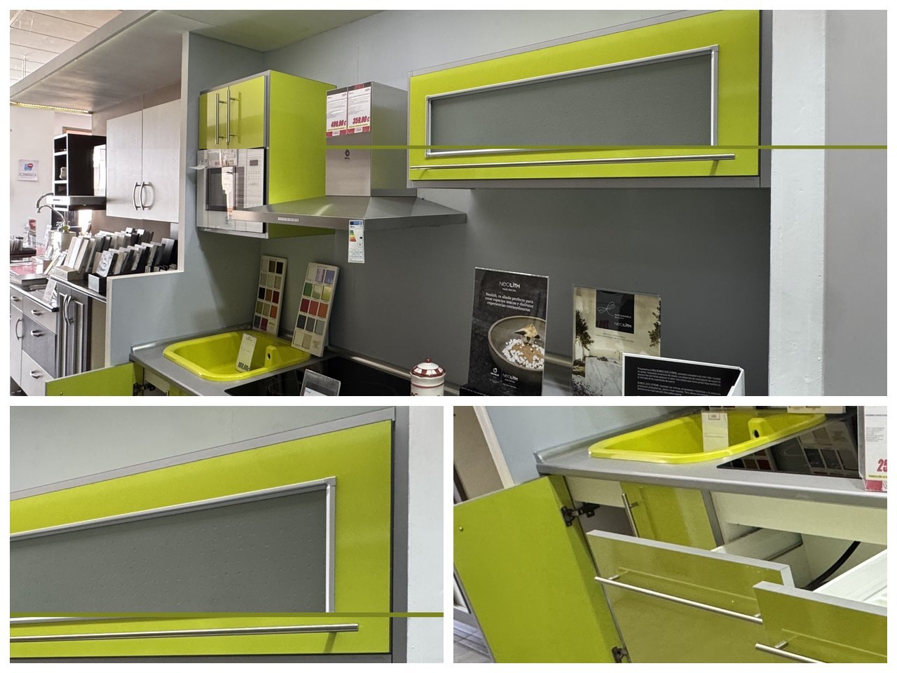 Cocina en línea PVC alto brillo verde pistacho con fregadero a juego